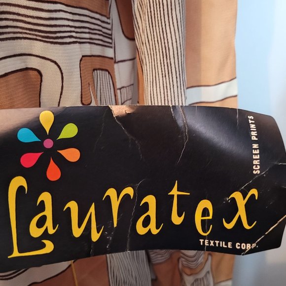 Vintage Dress Acetate Abstract Geometric Tan White Short Long Sleeve Sz 10 Tags - Picture 5 of 13